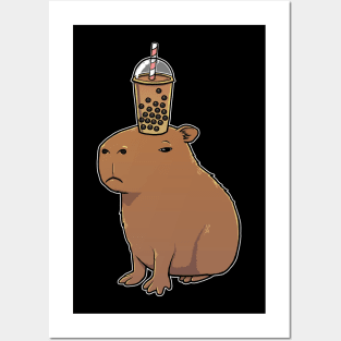 Capybara with Bubble Tea on its head Posters and Art